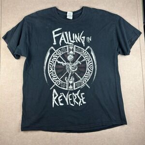 Y2K Gildan T-Shirt Men's XL Black Falling in Reverse Skeleton Wheel Graphic Band